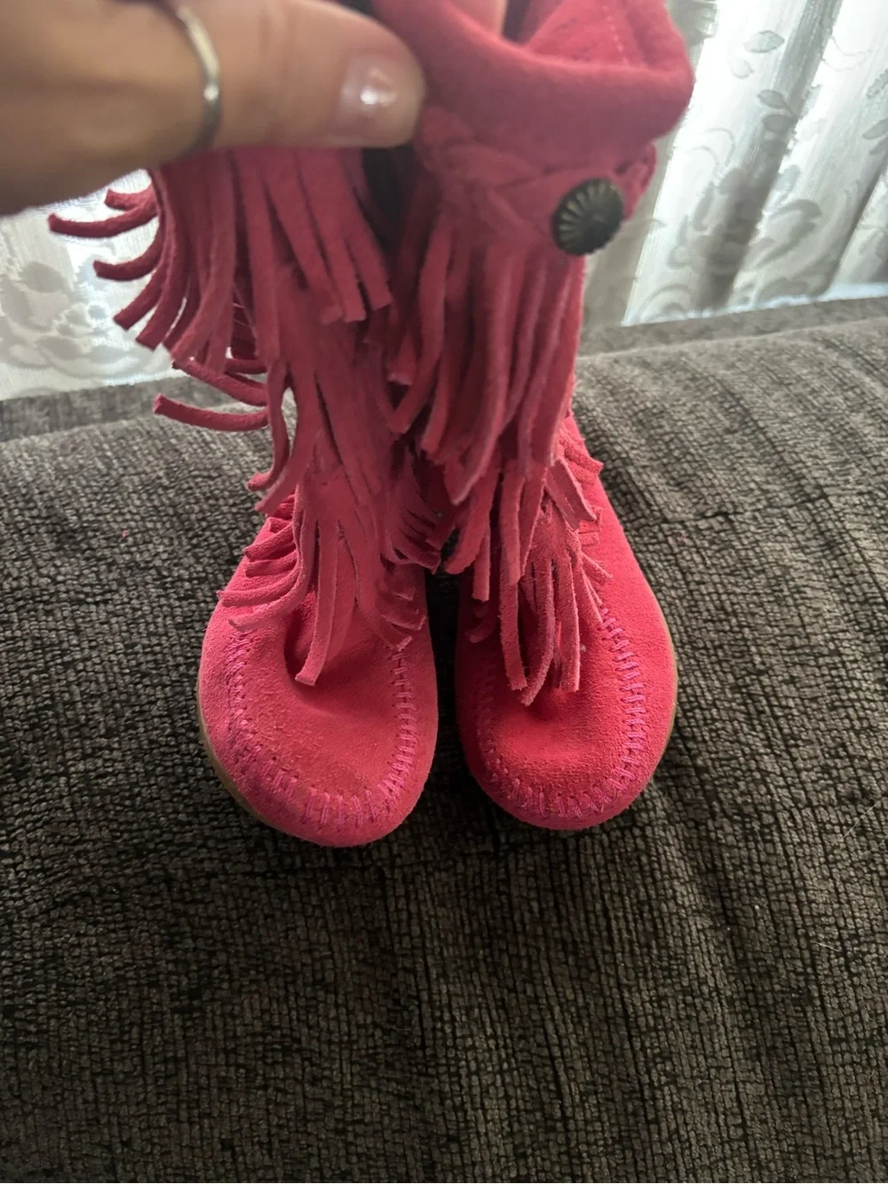 💖 Minnetonka Pink 3 Layer Fringe Moccasin High Calf Toddler Boots 8 Retail $60!!